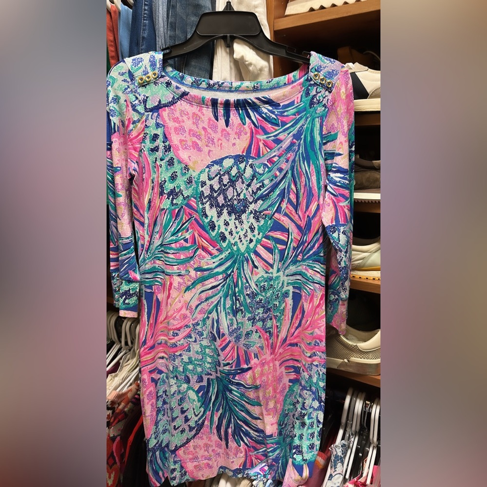 Lilly Pulitzer Pink, Teal & Navy Pineapple Print Shift Dress